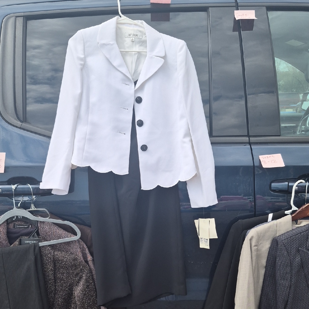 White Scalloped Button Blazer With Black Skirt